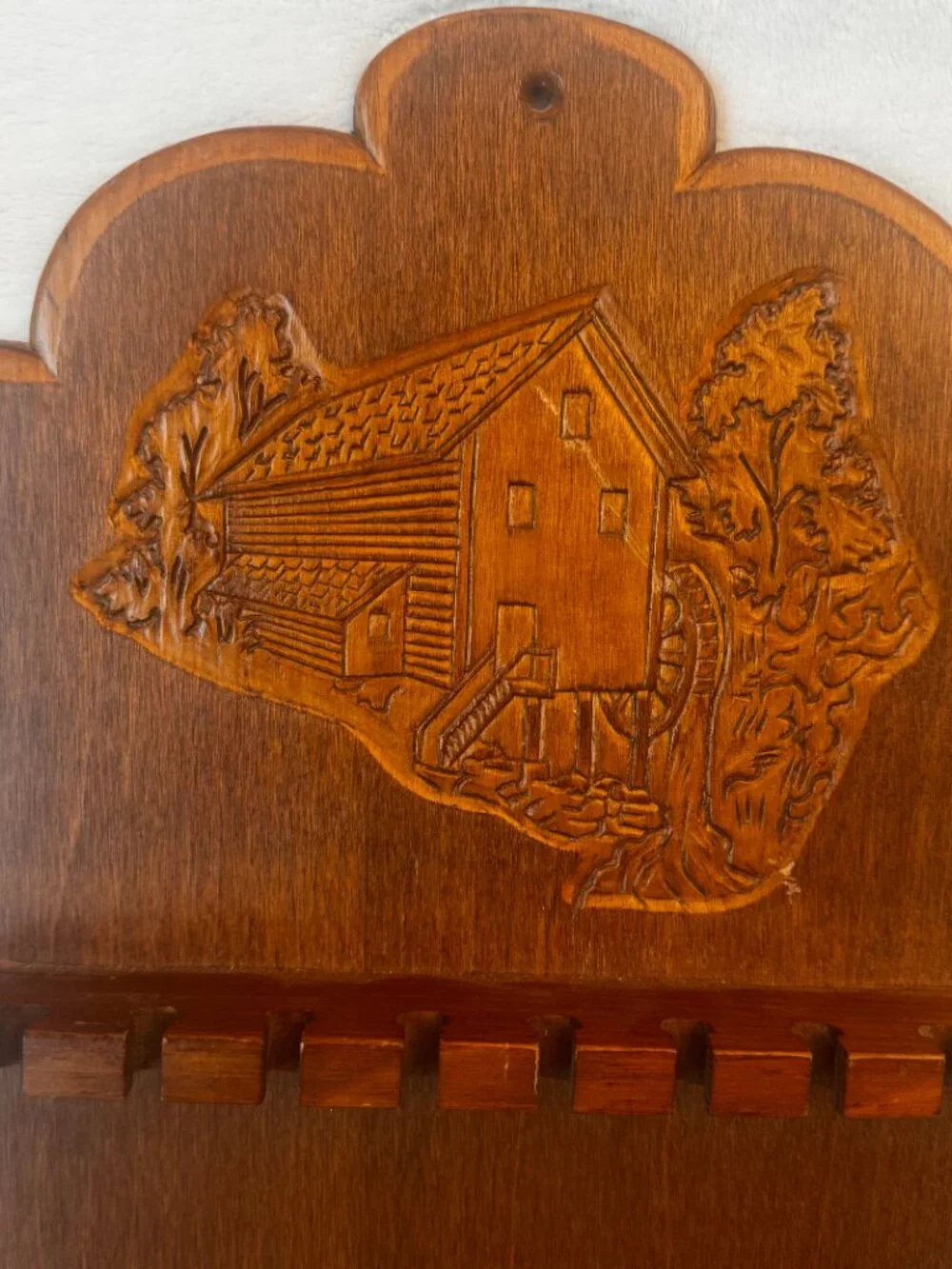 1960s Wood Souvenir Spoon Rack Grist Mill Motif Wall Mount Holds 16 Spoons Vtg